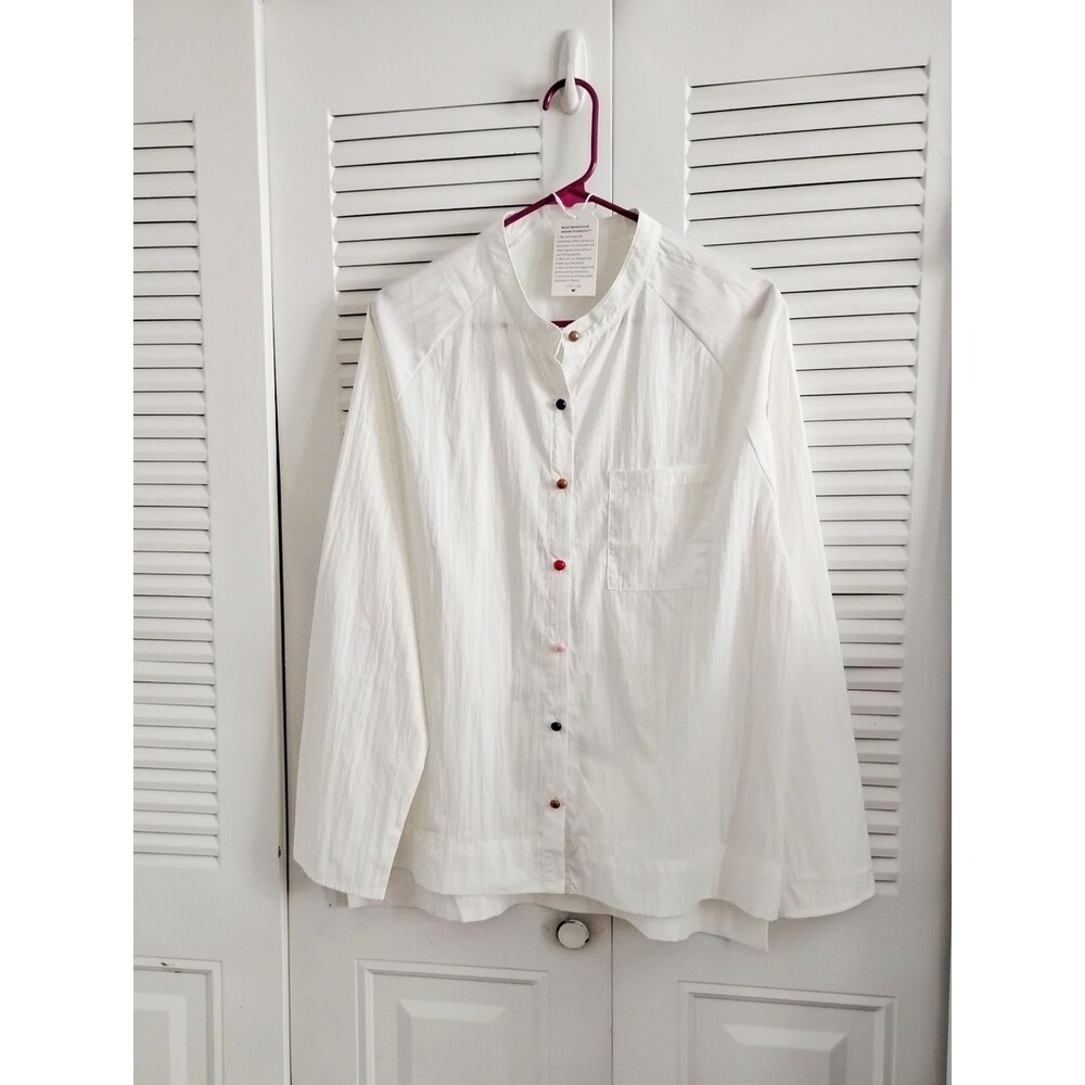 White Button-Up Shirt with Multicolor Buttons